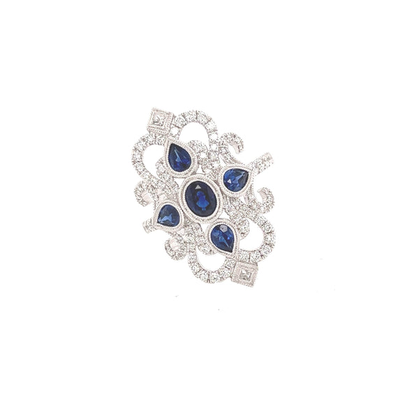 14K White Gold Art Deco Blue Sapphire and Diamond Ring - Jewelry Design Gallery of East Windsor