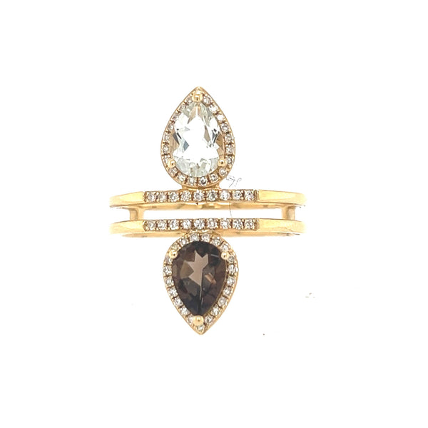 14K Yellow Gold Smokey Topaz, Green Amethyst and Diamond Ring - Jewelry Design Gallery of East Windsor