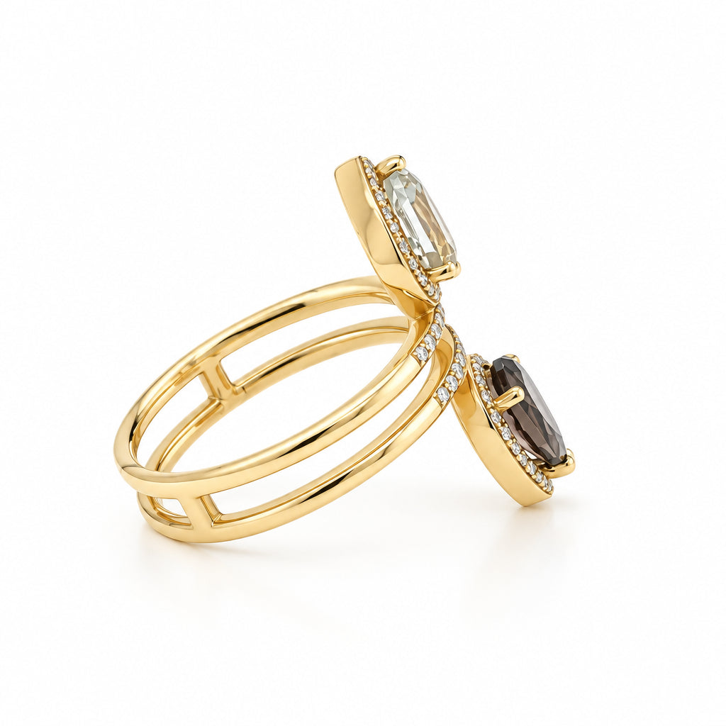14K Yellow Gold Smokey Topaz, Green Amethyst and Diamond Ring - Jewelry Design Gallery of East Windsor