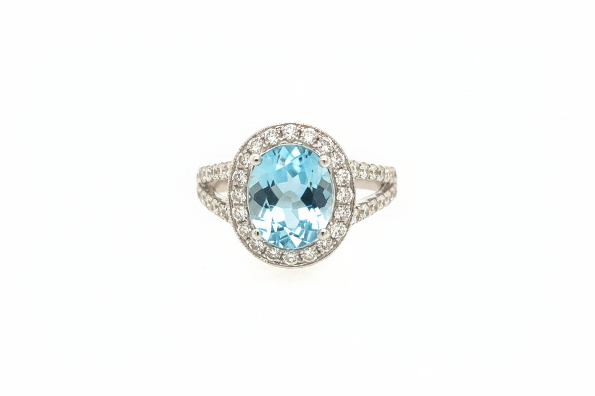 14K White gold Halo Diamond And Blue Topaz Ring - Jewelry Design Gallery of East Windsor