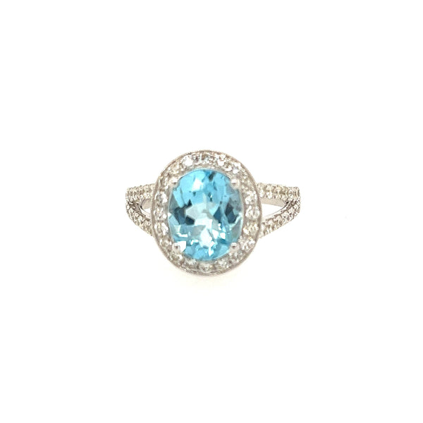 14K White gold Halo Diamond And Blue Topaz Ring - Jewelry Design Gallery of East Windsor