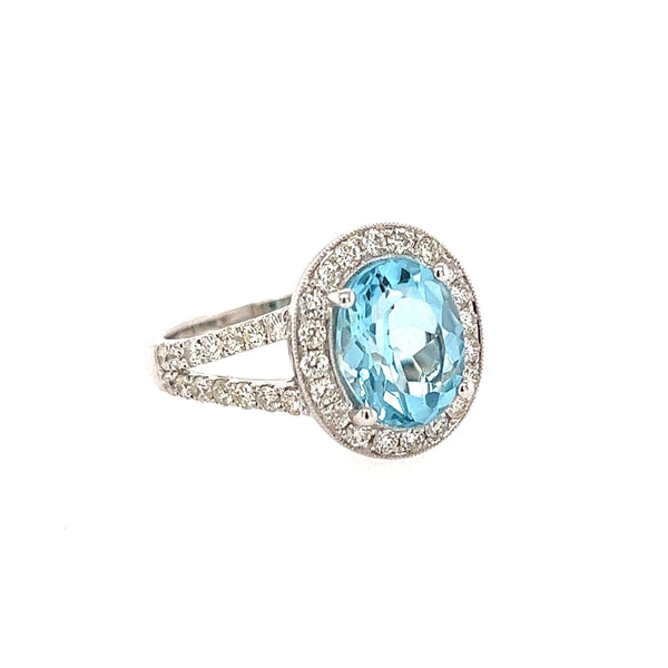 14K White gold Halo Diamond And Blue Topaz Ring - Jewelry Design Gallery of East Windsor