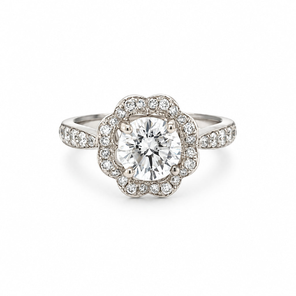 14K White Gold Scalloped Halo Diamond Engagement Ring - Jewelry Design Gallery of East Windsor