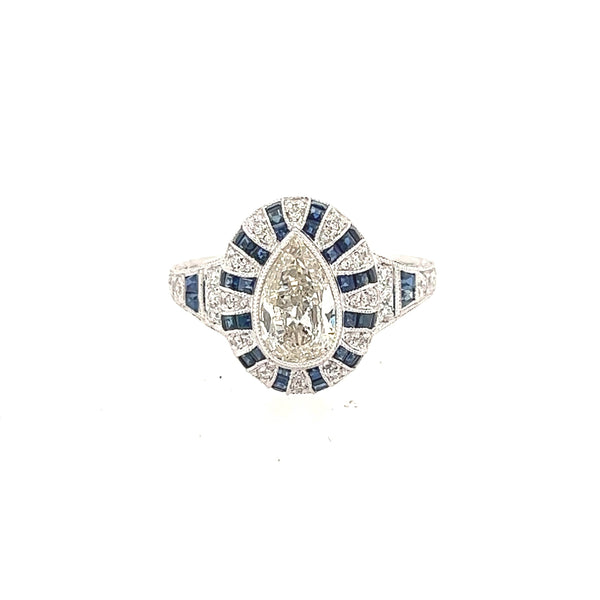 14K White Gold Pear Shaped Diamond and Baguette Sapphire - Jewelry Design Gallery of East Windsor