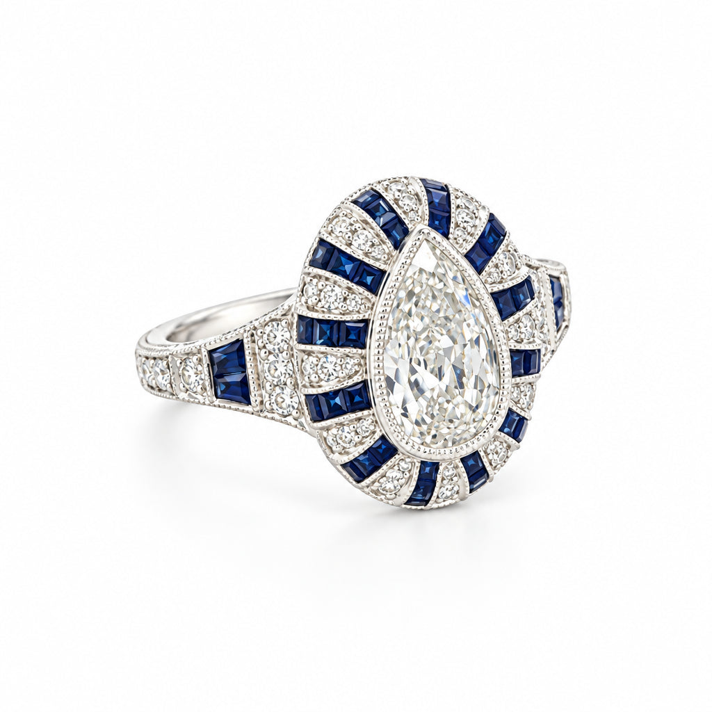 14K White Gold Pear Shaped Diamond and Baguette Sapphire - Jewelry Design Gallery of East Windsor