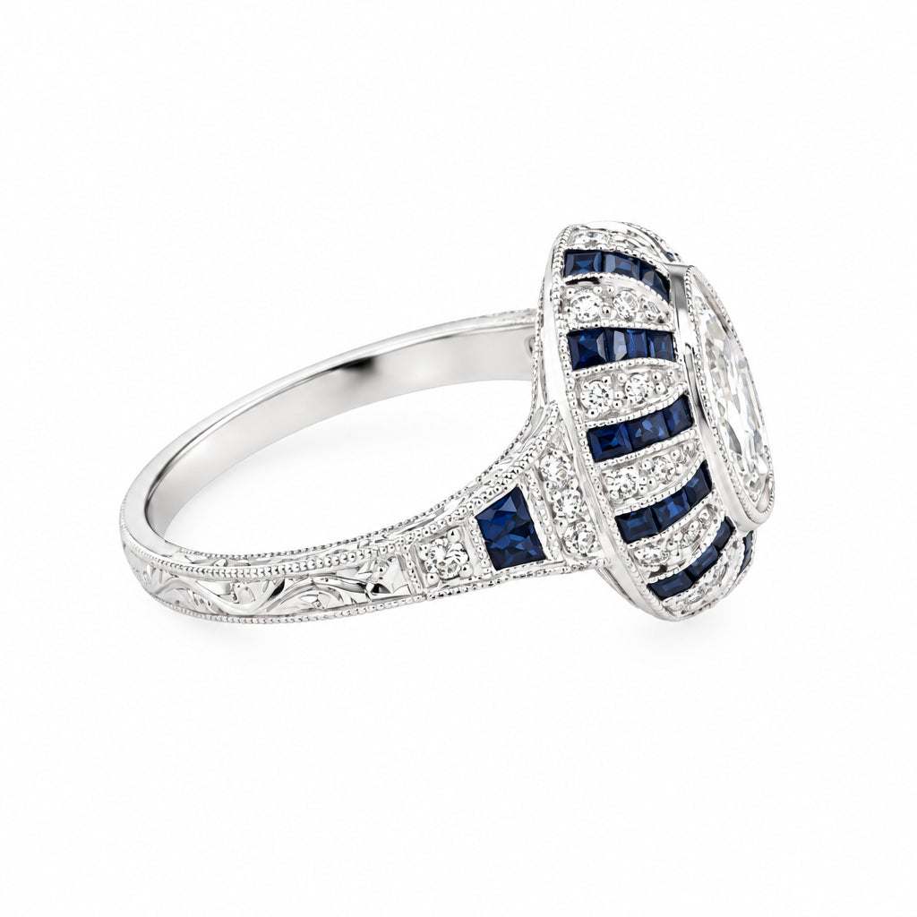 14K White Gold Pear Shaped Diamond and Baguette Sapphire - Jewelry Design Gallery of East Windsor