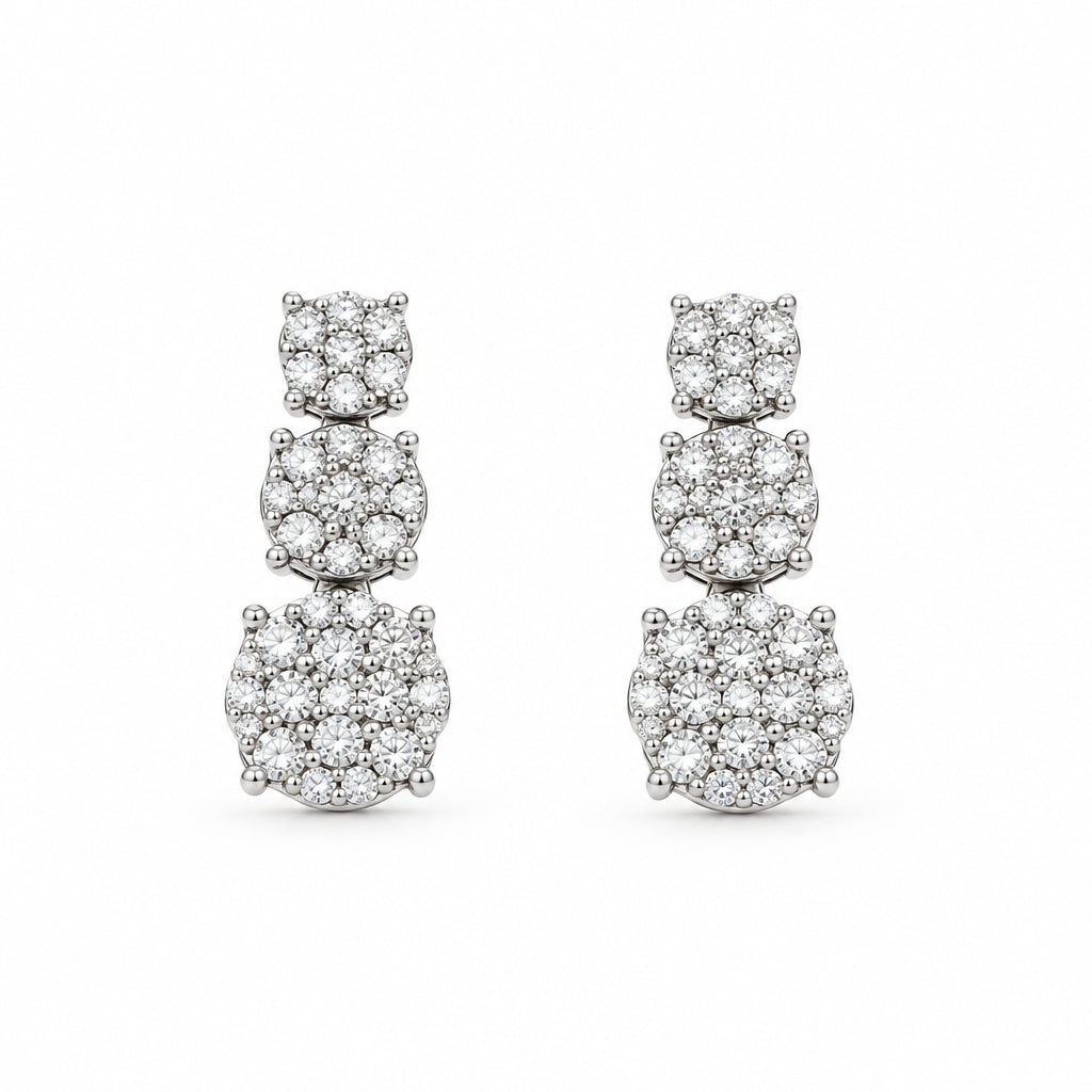 14K White Gold Trio Dangling Round Clustered Diamond Earrings - Jewelry Design Gallery of East Windsor