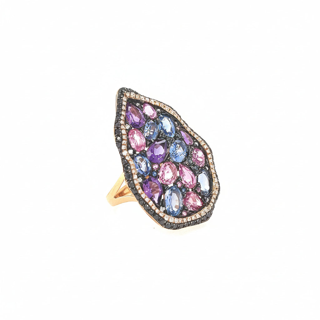 18K Rose Gold Rainbow Stone Cocktail Ring with Pink & Sapphire, Amethyst, and Diamonds - Jewelry Design Gallery of East Windsor