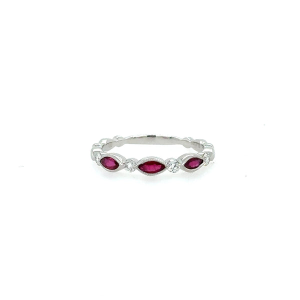 14K White Gold Round Diamond and Ruby Marquise Stacking Ring - Jewelry Design Gallery of East Windsor