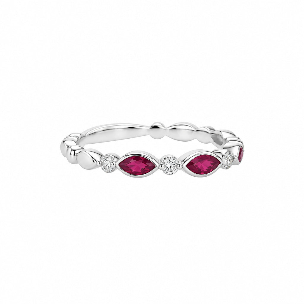 14K White Gold Round Diamond and Ruby Marquise Stacking Ring - Jewelry Design Gallery of East Windsor