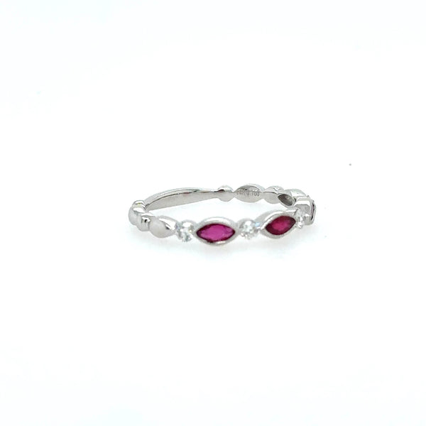 14K White Gold Round Diamond and Ruby Marquise Stacking Ring - Jewelry Design Gallery of East Windsor