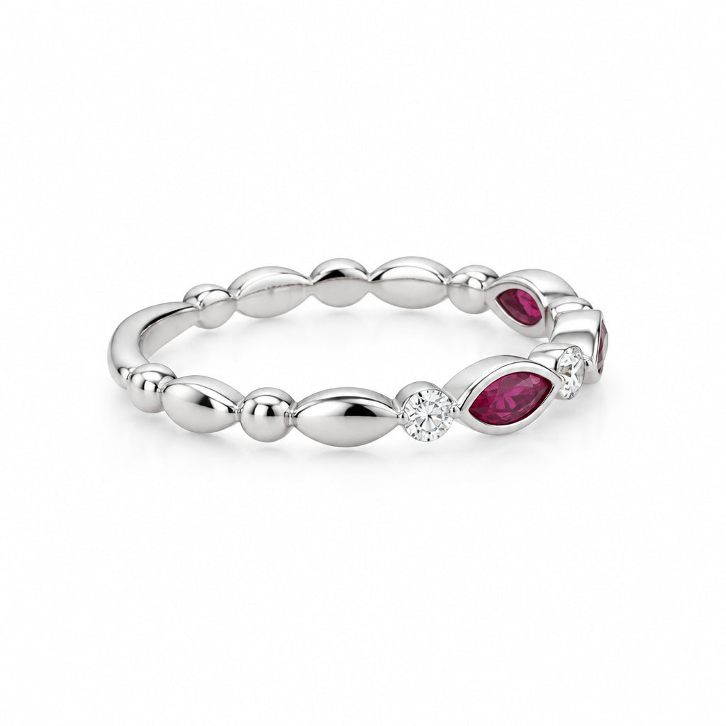 14K White Gold Round Diamond and Ruby Marquise Stacking Ring - Jewelry Design Gallery of East Windsor