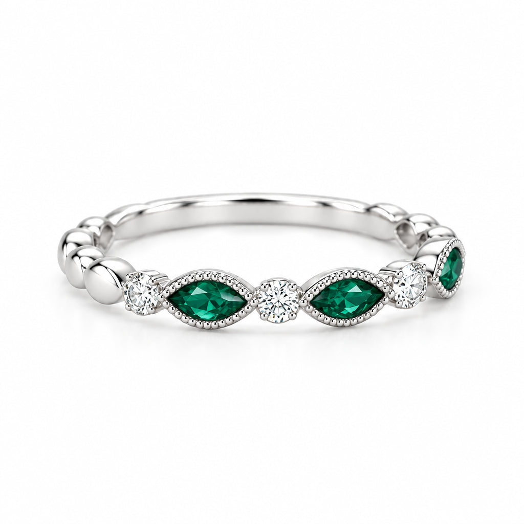 14K White Gold Diamond and emerald stackable marquise ring - Jewelry Design Gallery of East Windsor