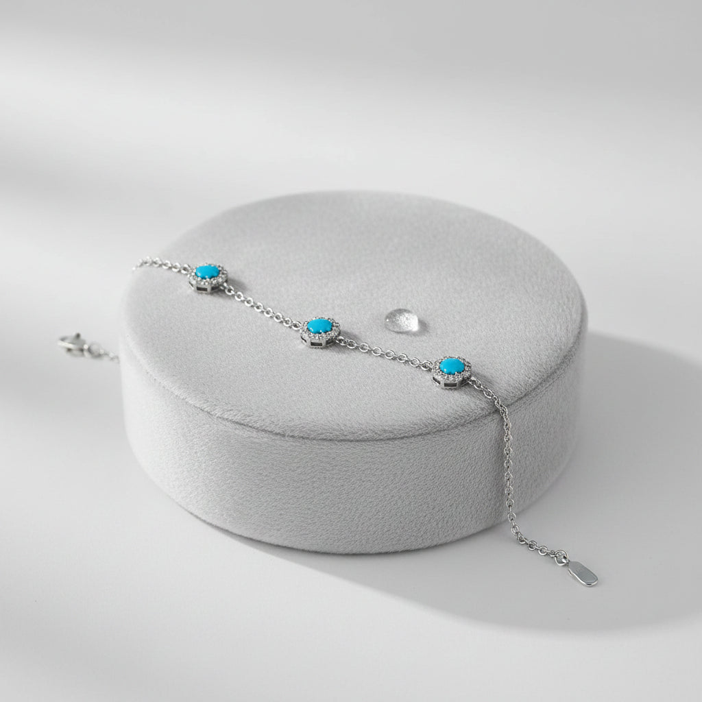 14K White Gold Turquoise And Diamond Dainty Bracelet - Jewelry Design Gallery of East Windsor