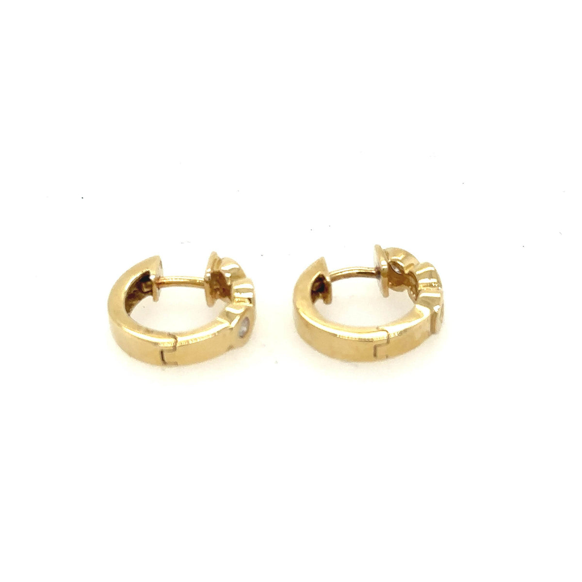 14K Yellow Gold Three Diamond Small Chunky Hoop Huggie Earrings - Jewelry Design Gallery of East Windsor
