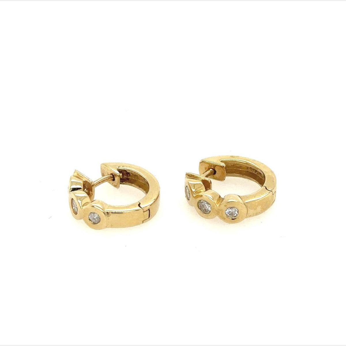 14K Yellow Gold Three Diamond Small Chunky Hoop Huggie Earrings - Jewelry Design Gallery of East Windsor
