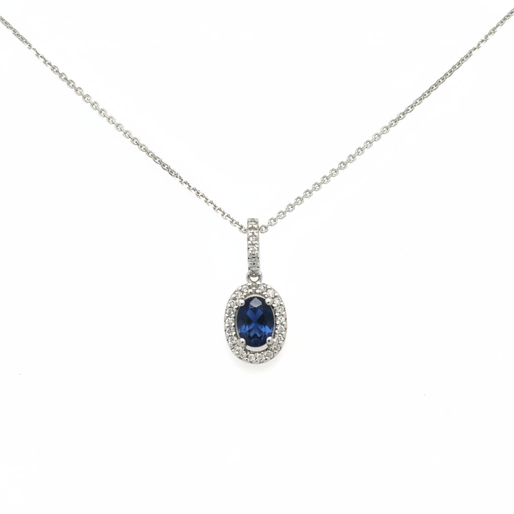 14K White Gold Dainty Blue Sapphire and Halo Diamond Necklace - Jewelry Design Gallery of East Windsor