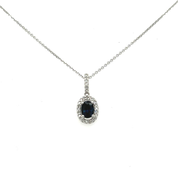 14K White Gold Dainty Blue Sapphire and Halo Diamond Necklace - Jewelry Design Gallery of East Windsor