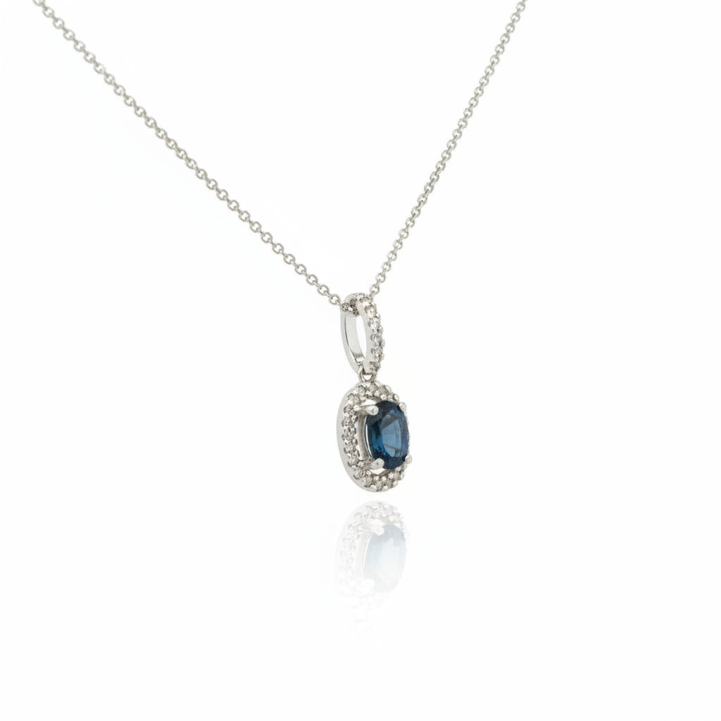14K White Gold Dainty Blue Sapphire and Halo Diamond Necklace - Jewelry Design Gallery of East Windsor