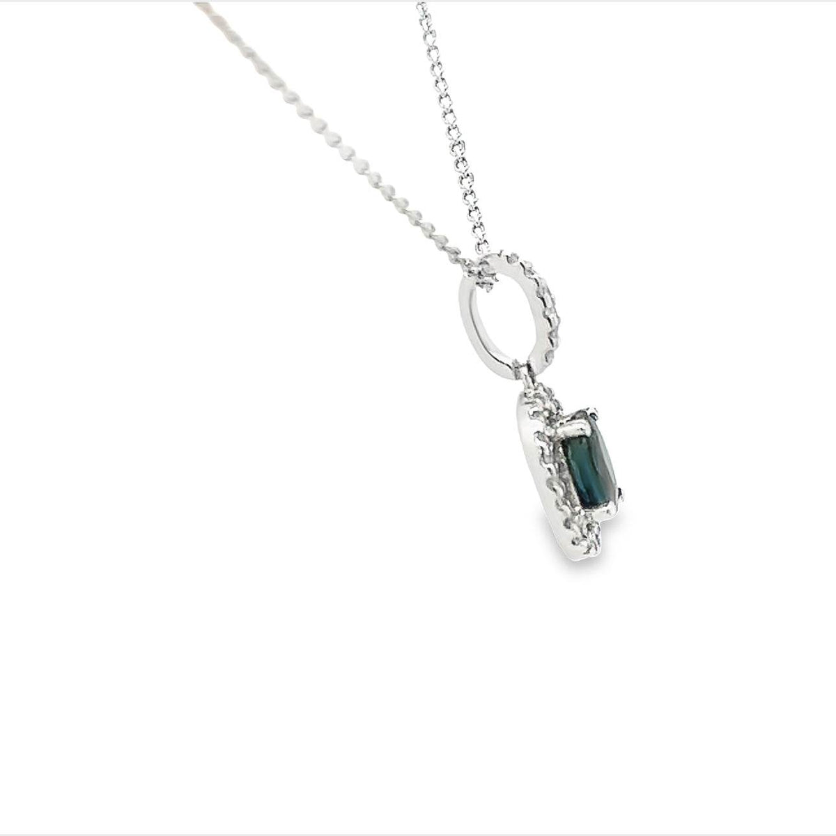 14K White Gold Dainty Blue Sapphire and Halo Diamond Necklace - Jewelry Design Gallery of East Windsor