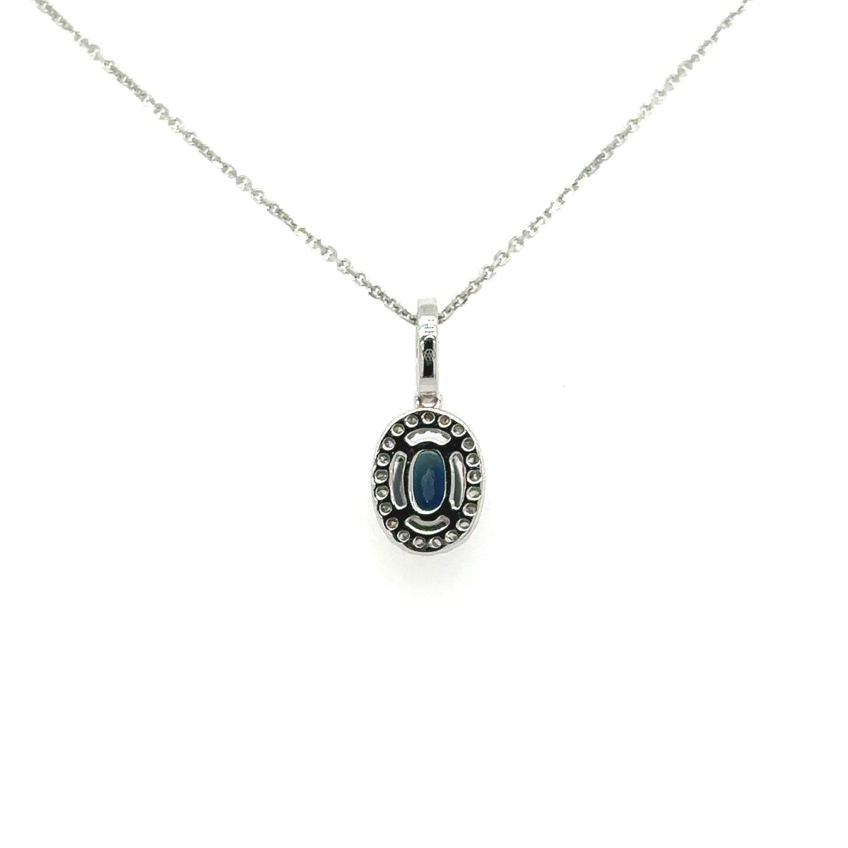 14K White Gold Dainty Blue Sapphire and Halo Diamond Necklace - Jewelry Design Gallery of East Windsor