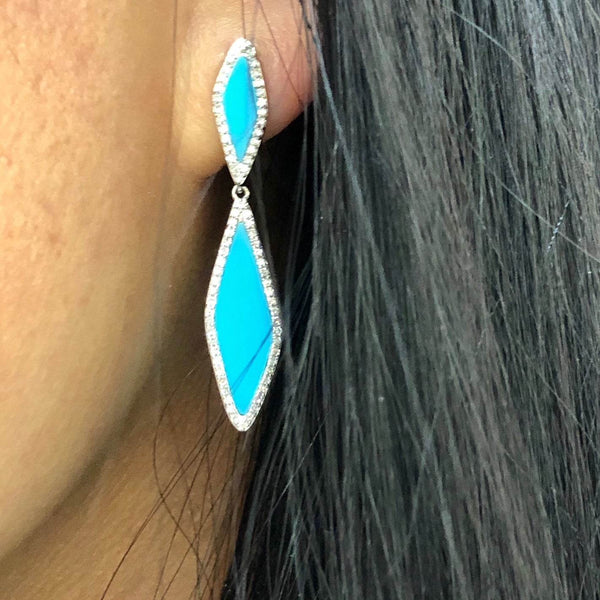 14K White Gold Turquoise Diamond Dangle Earrings - Jewelry Design Gallery of East Windsor
