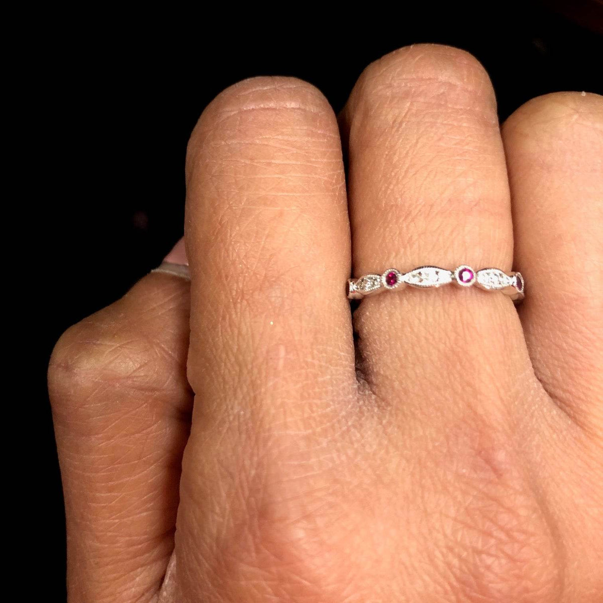 14K White Gold Diamond and Ruby Fancy Wedding Band - Jewelry Design Gallery of East Windsor