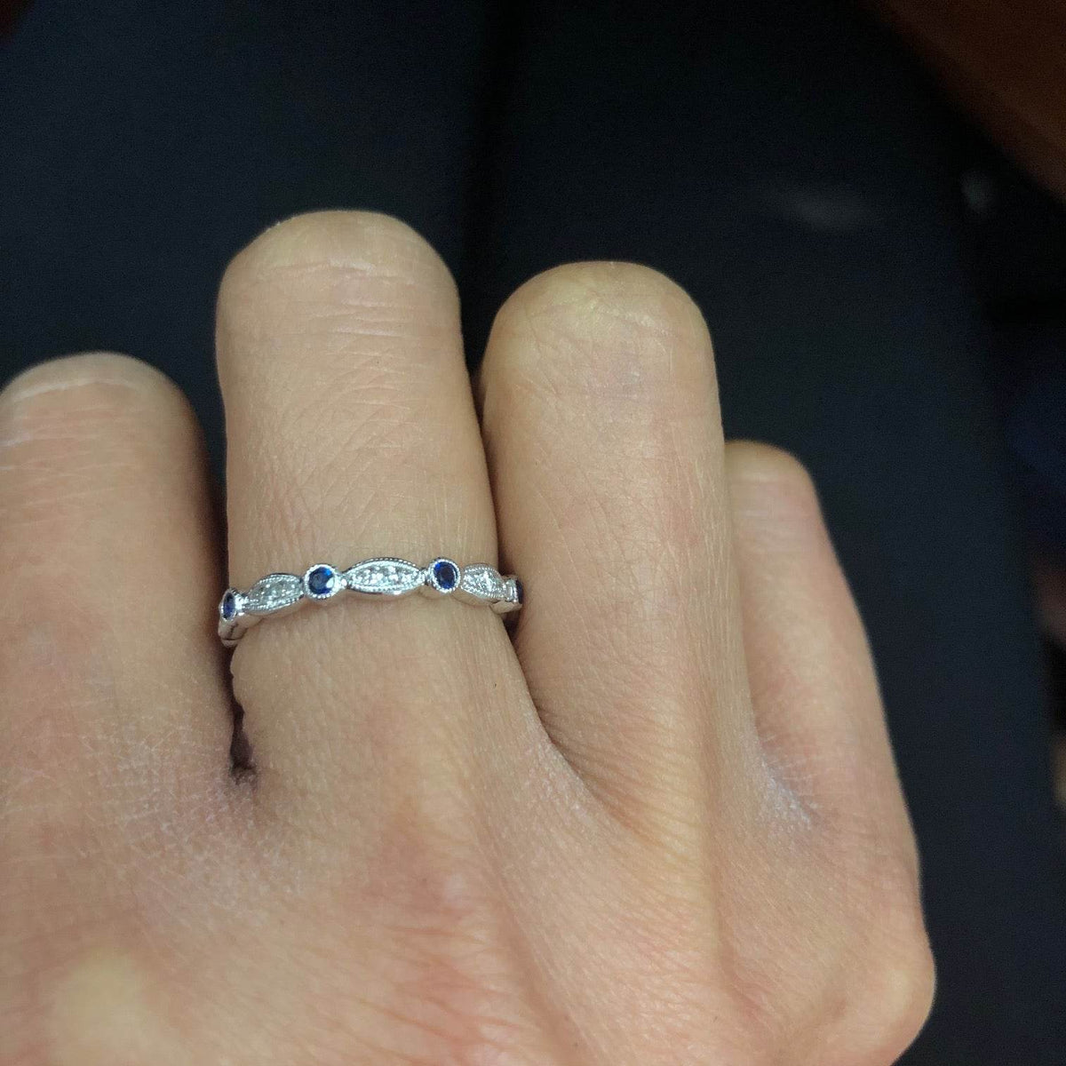 14K White Gold Diamond and Sapphire Fancy Wedding Band - Jewelry Design Gallery of East Windsor