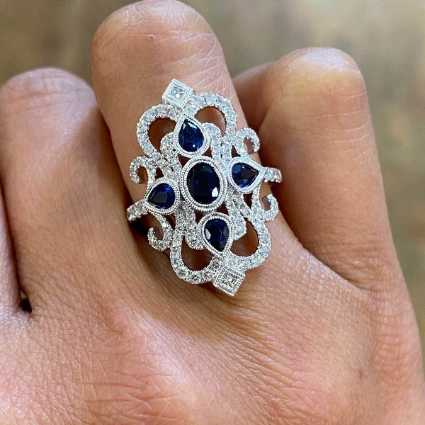 14K White Gold Art Deco Blue Sapphire and Diamond Ring - Jewelry Design Gallery of East Windsor