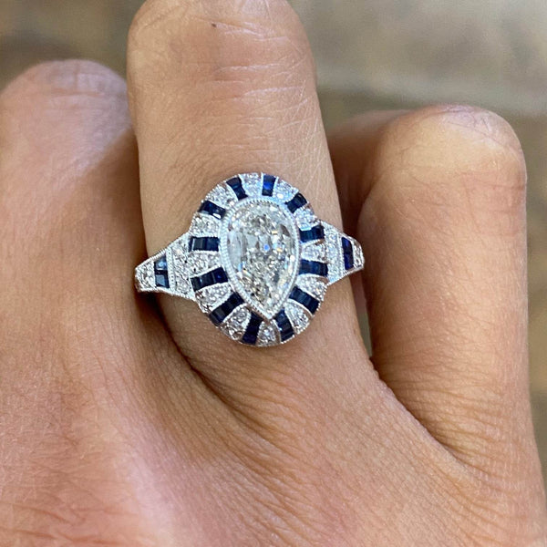 14K White Gold Pear Shaped Diamond and Baguette Sapphire - Jewelry Design Gallery of East Windsor