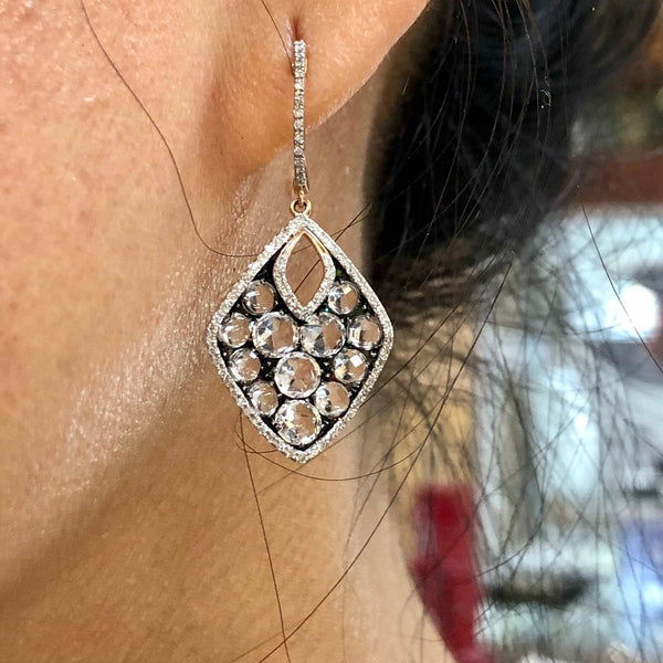 14K Rose Gold Drop Earrings with Clustered Champaign Diamonds - Jewelry Design Gallery of East Windsor