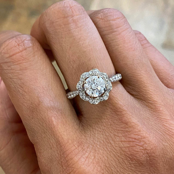 14K White Gold Scalloped Halo Diamond Engagement Ring - Jewelry Design Gallery of East Windsor