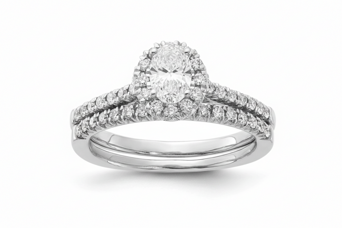 14K White Gold Halo Oval Diamond Wedding Ring Set - Jewelry Design Gallery of East Windsor