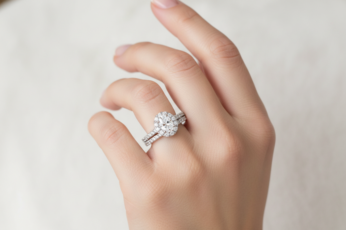 14K White Gold Halo Oval Diamond Wedding Ring Set - Jewelry Design Gallery of East Windsor